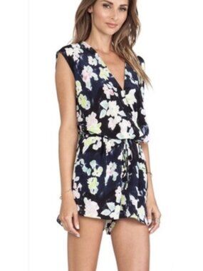 Rory Beca Veneto Silk Romper XS Floral Sleeveless Wrap Front Pockets Drawstring